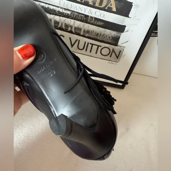 New Black Leather Fringe Pointed Toe Stiletto Heel Boots with Zipper - Picture 11 of 13